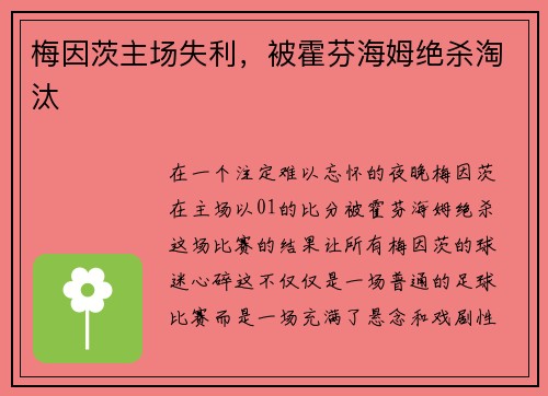 梅因茨主场失利，被霍芬海姆绝杀淘汰